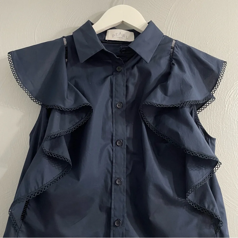 Pearl Navy Ruffle Sleeveless Button-Front Blouse - Picture 3 of 14